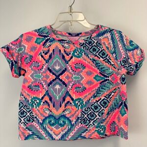 Lilly Pulitzer Women XL Pink Purple Teal Ikat Geometric Print French Terry Top